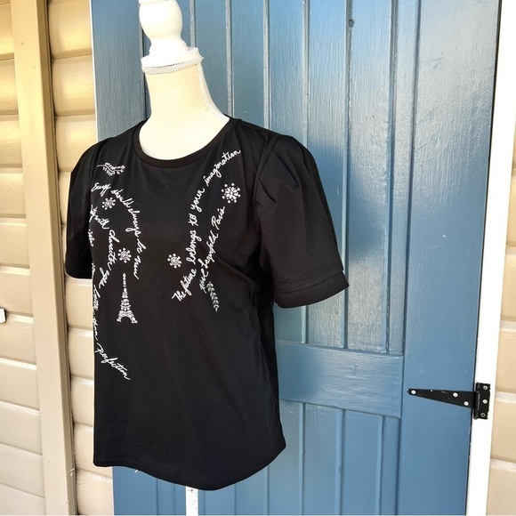 Karl Lagerfeld Paris Graphic Top with Puff Sleeve Women Size Medium - Picture 3 of 8